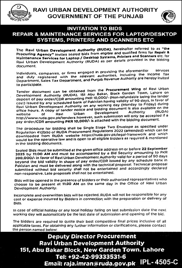 Ravi Urban Development Authority Tender Notice